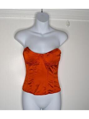 Fashion Nova Corset Top Womens Small Orange Satin Strapless Boned Bustier